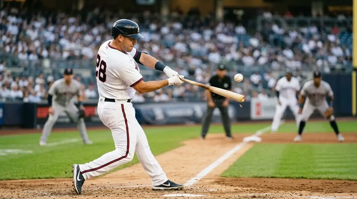 Pálkař MLB v okamžiku zásahu míče v poli s defenzí v pozadí