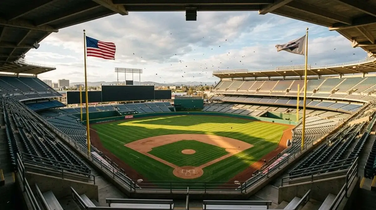 Pohled na baseballový stadion s viditelnými větrnými podmínkami ovlivňujícími hru