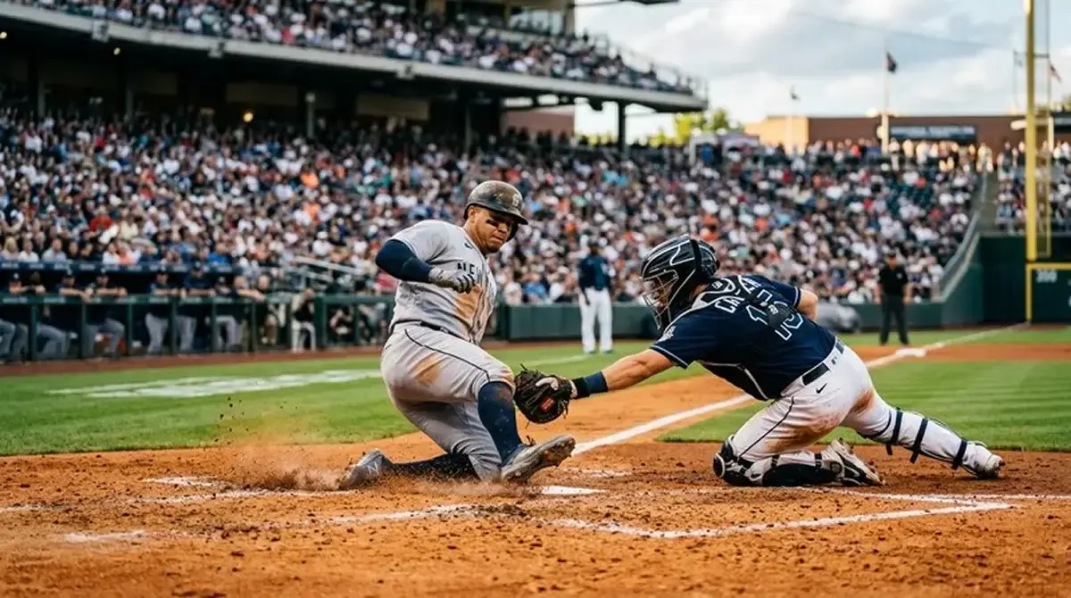 Pálkař klouzající na metu při těsném baseballovém zápase s rozdílem jednoho doběhu