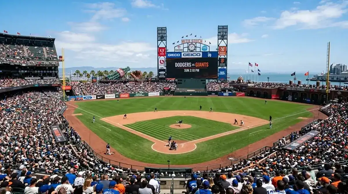 Slunečný denní zápas MLB s hráči na hřišti