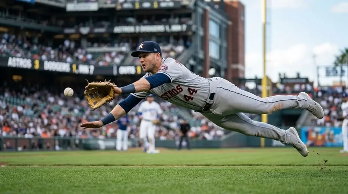 Defenzivní hráč MLB ve výskoku za míčem v poli