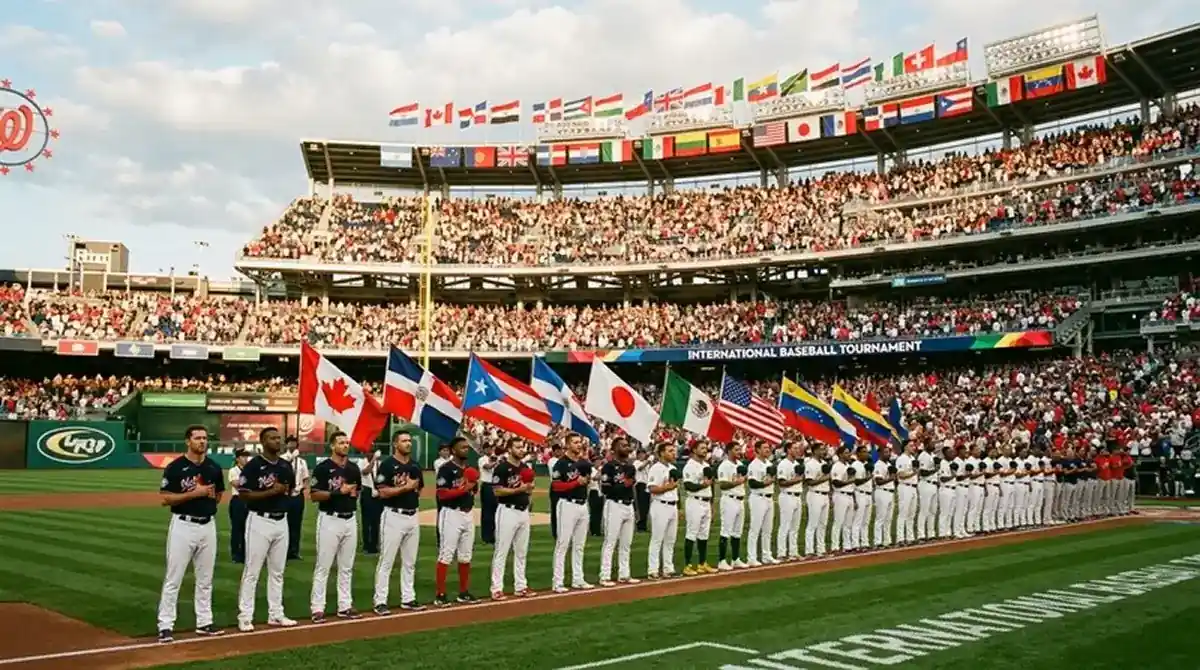 Mezinárodní baseballový turnaj WBC s vlajkami národních týmů na stadionu