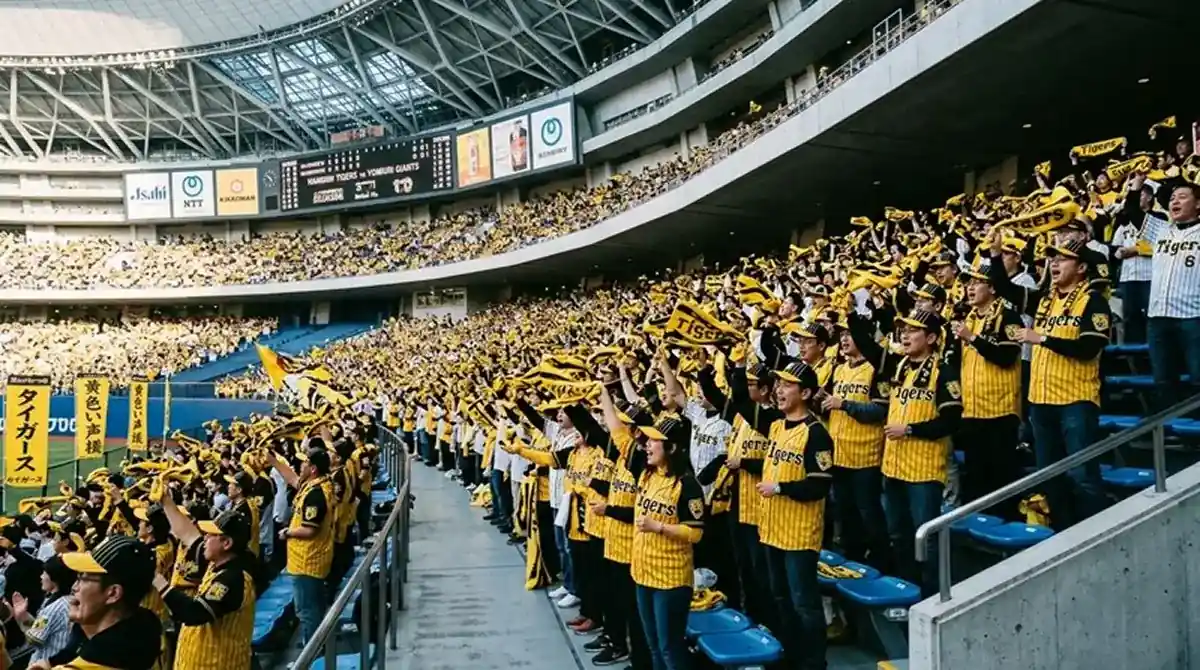 Organizovaní fanoušci japonského baseballu na tribunách stadionu