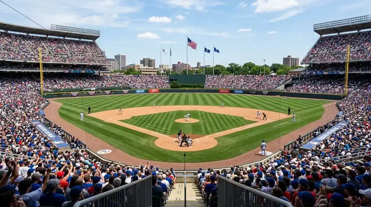 Vyprodaný MLB stadion při zápase regulérní sezóny s tisíci fanoušky