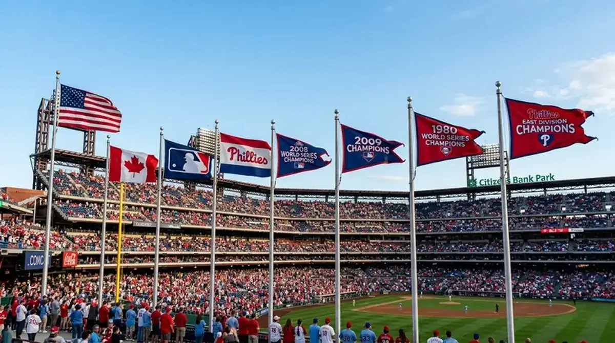 Vlajky nad outfieldem MLB stadionu ukazující směr větru