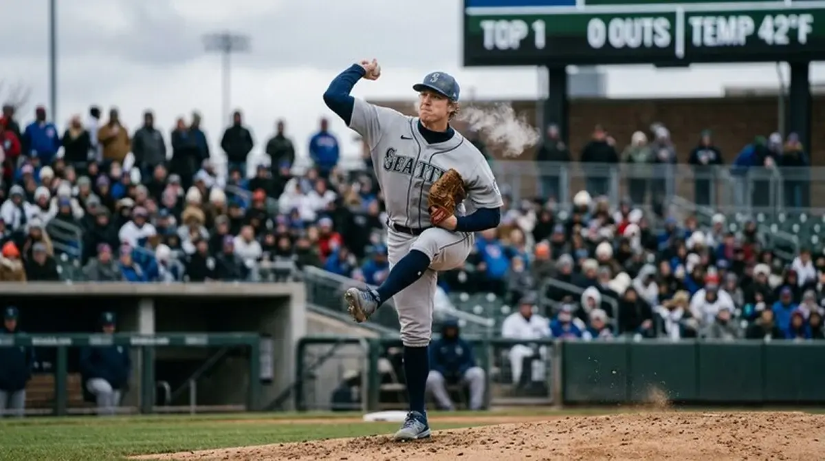 MLB nadhazovač v dubnovém chladu uprostřed pohybu