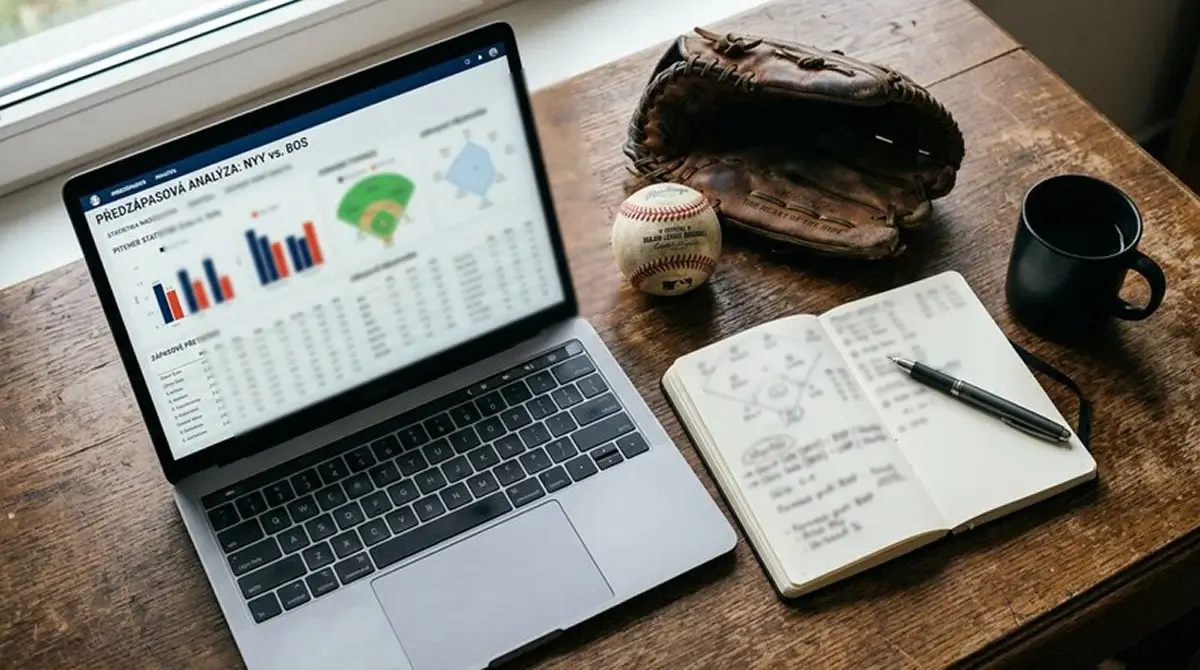 Pracovní stůl s pre-match analýzou MLB zápasu a baseballovými daty