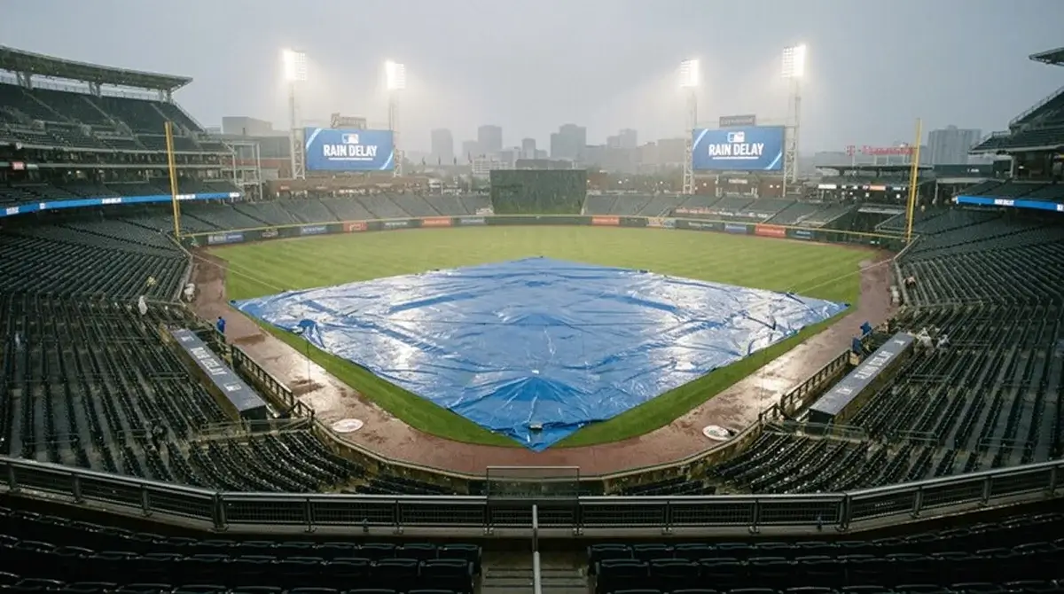 Plachta zakrývající MLB hřiště během přerušení zápasu kvůli dešti