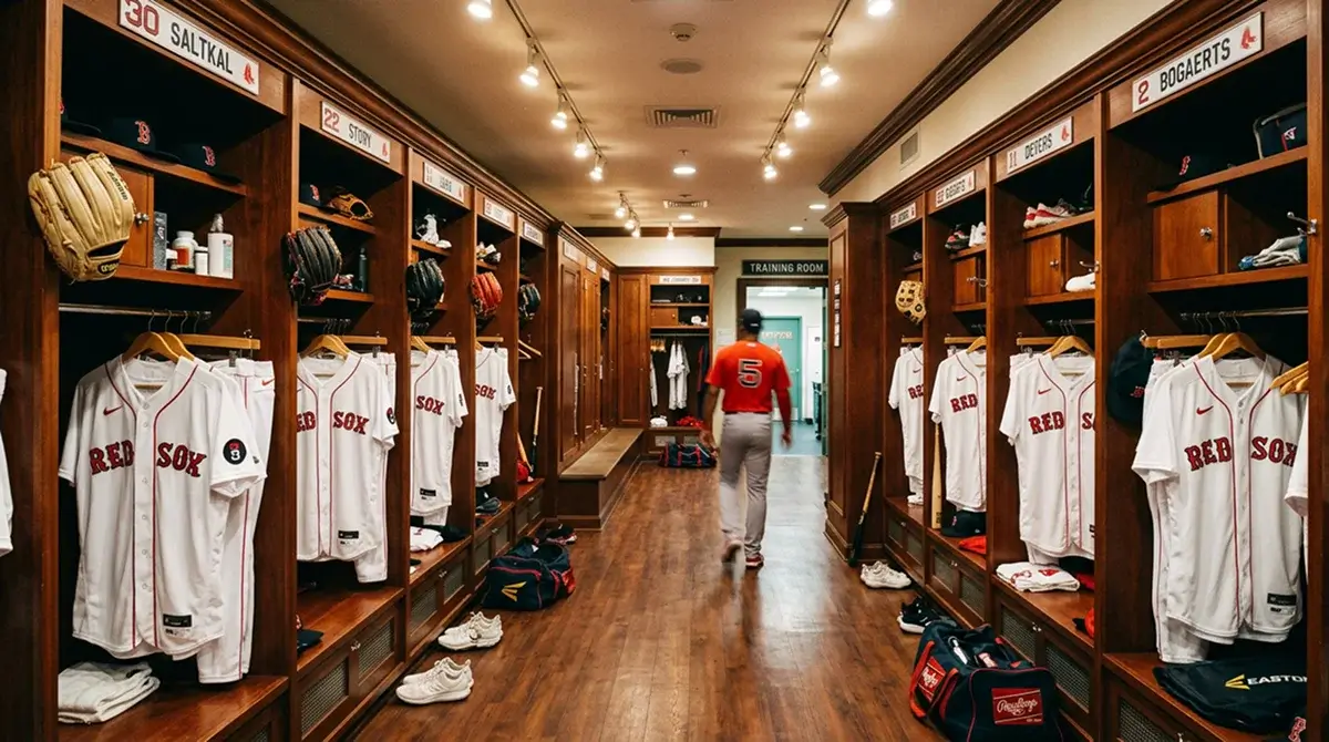 MLB šatna se zavěšenými dresy během dne volna týmu