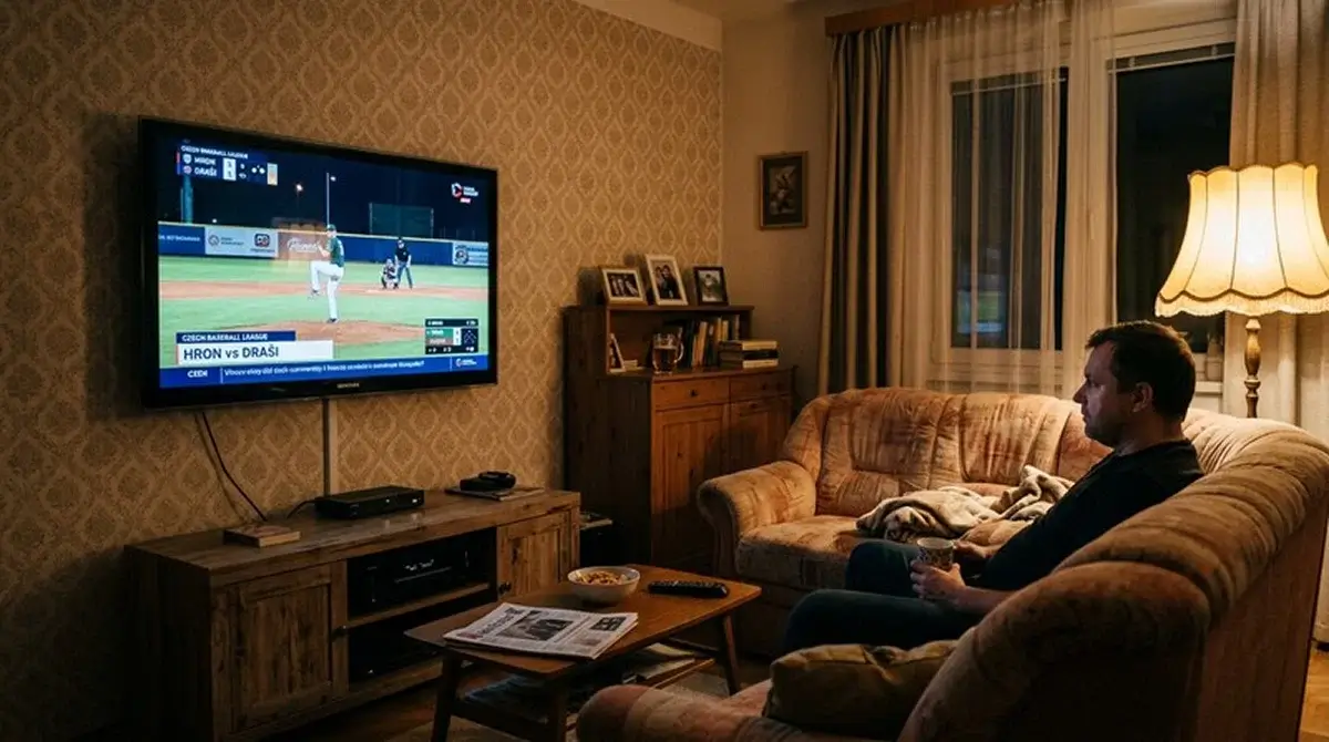 Sledování baseballového vysílání na TV v obývacím pokoji