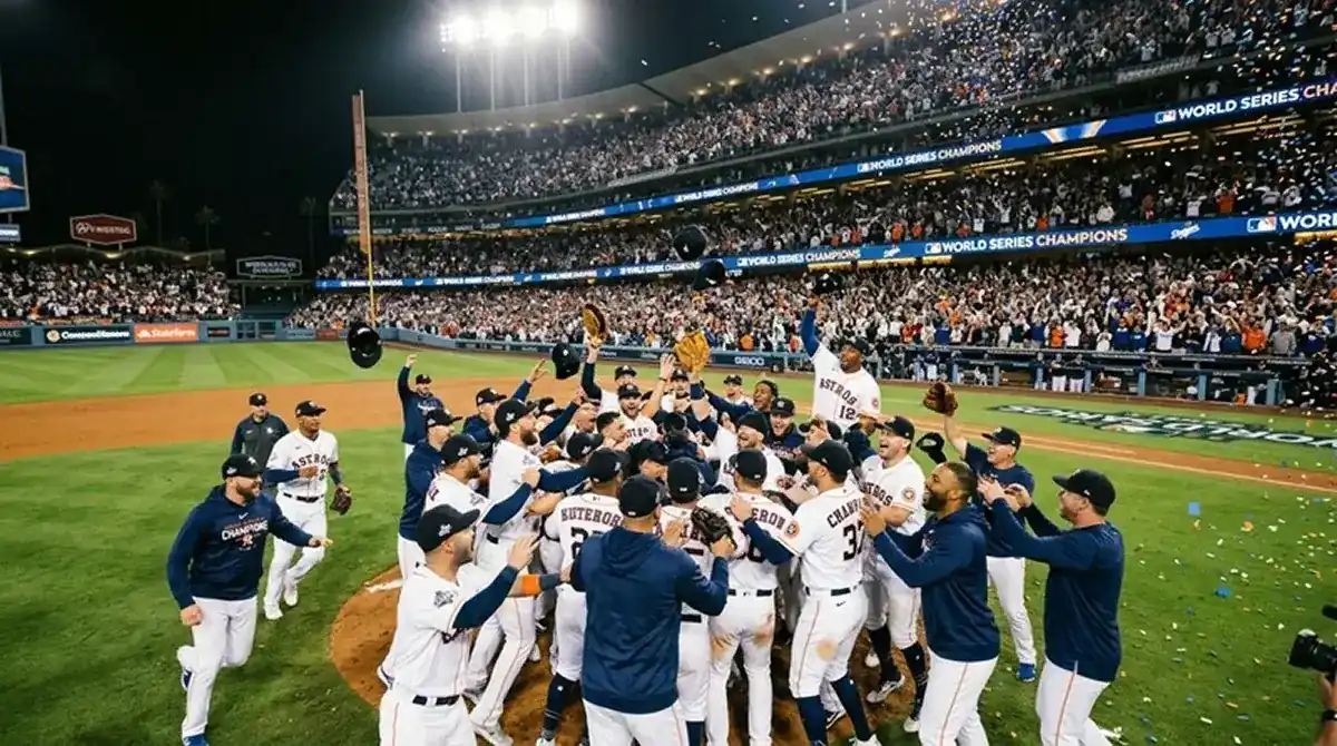 Závěrečný moment World Series zápasu MLB s týmem na hřišti
